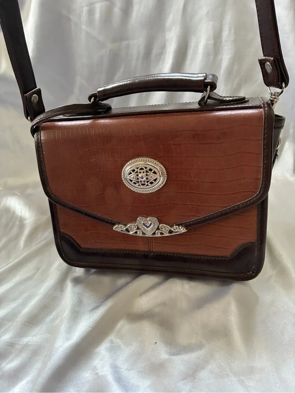 Vintage Western Embossed Silver Heart Accent Crossbody Handbag Purse